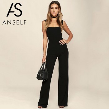 Womens Jumpsuit Elegant Lady Rompers Flared Square Neck Overalls Sleeveless Back Zipper Playsuit female dungarees Pantsuit Black